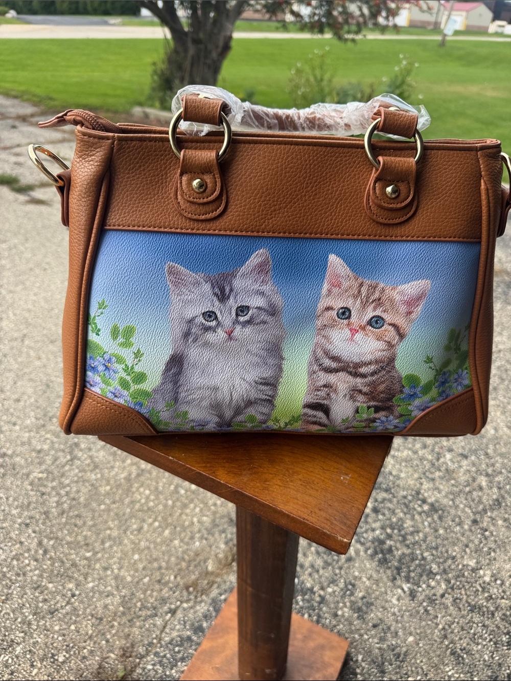 Brown Faux Leather Cat Tote Bag with Kitten Print 2018